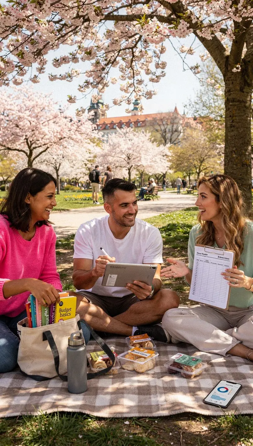 Kreativní uspořádání knih, tabulek a diáře pro efektivní správu financí.